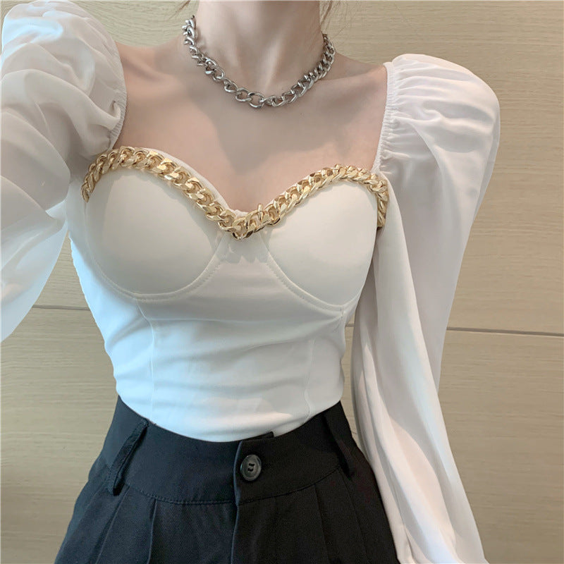 French Heart Machine Off-shoulder Chain Square Collar Top