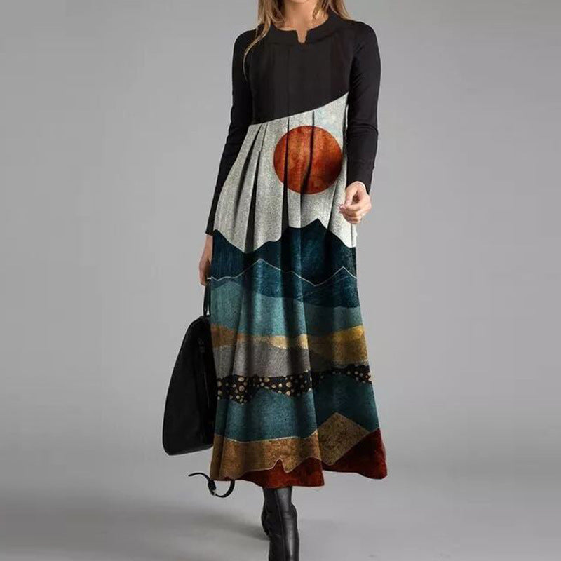 New Printed Cotton Long Dress Pullover Premium Classic Style Red Temperament Commute Mid-waist Clothing