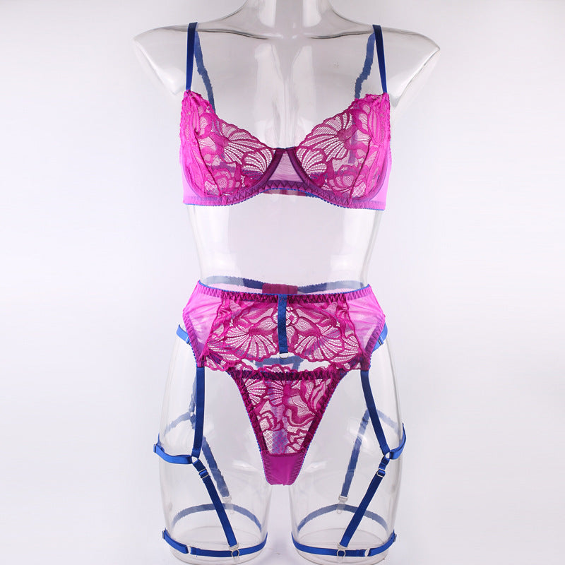 Lace Contrast Color Belt Leg Ring Garter Underwear Set