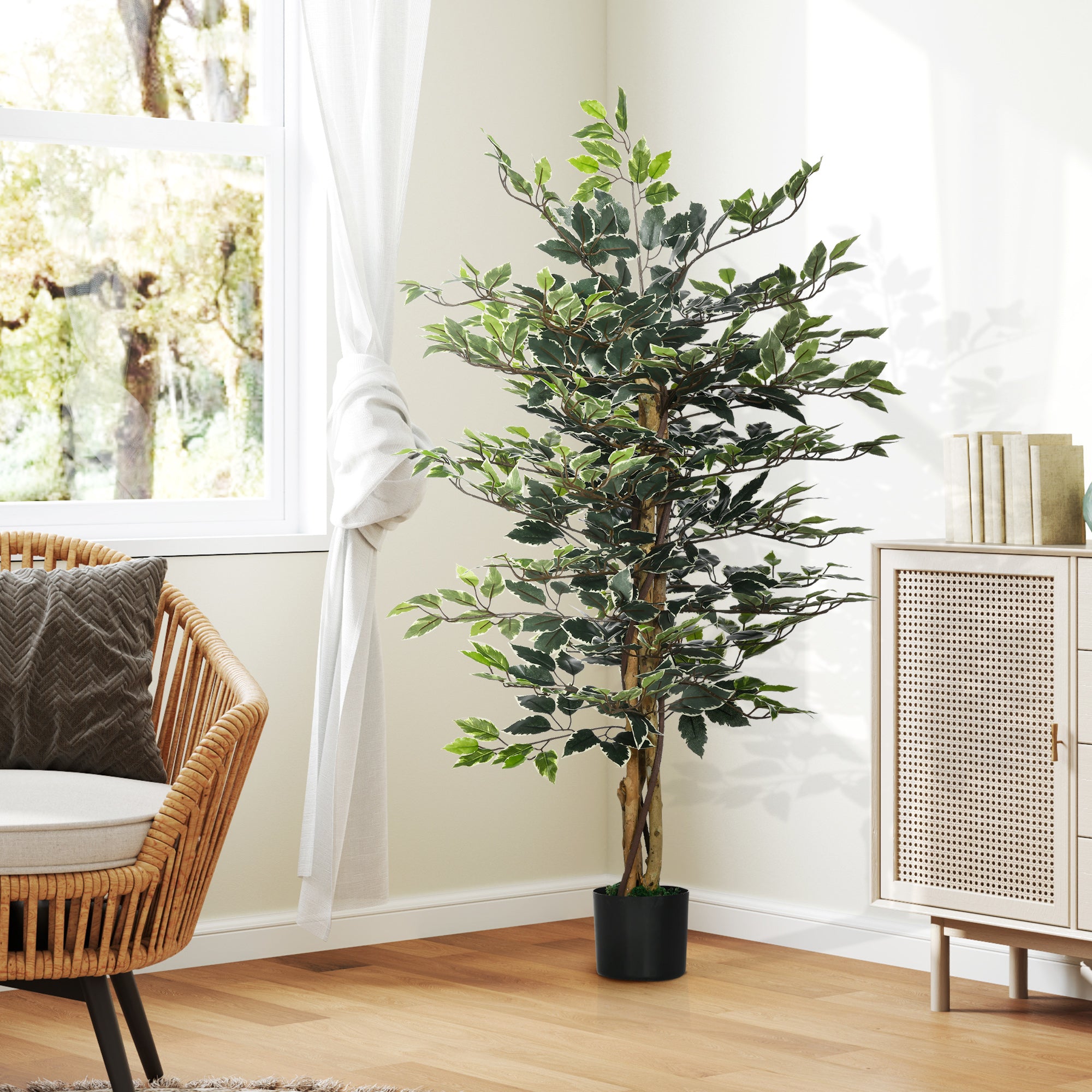 4.5ft Ficus Artificial Plant With Realistic Leaves, Potted Fake Tree For Home Office Indoor Decor, Green