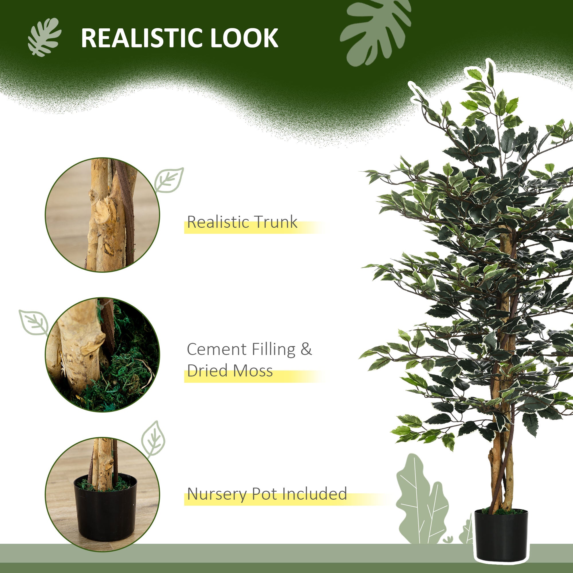 4.5ft Ficus Artificial Plant With Realistic Leaves, Potted Fake Tree For Home Office Indoor Decor, Green