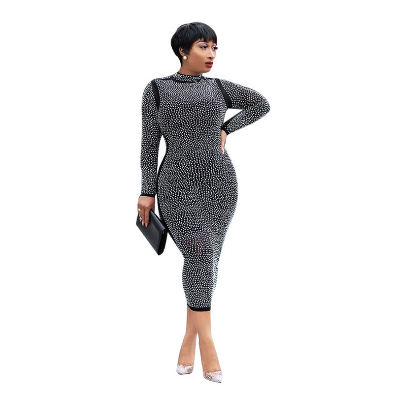 Long Sleeve Net Yarn Hot Rhinestone Dress Nightclub Dress