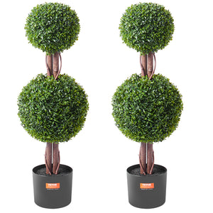 Artificial Boxwood Topiary Tree, 36 Inch Tall (2 Pieces), Double Ball Faux Topiary Trees, Faux Plant W/ Extra Leaves & Pot & Small Decoration, UV Rated Set For Home Decor Indoor/Outdoor