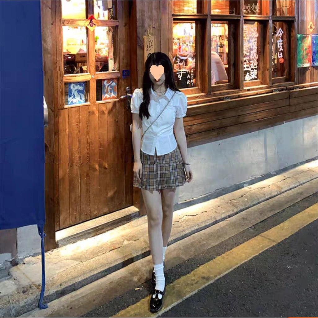 White Short-sleeved Bubble Sleeve Shirt Women
