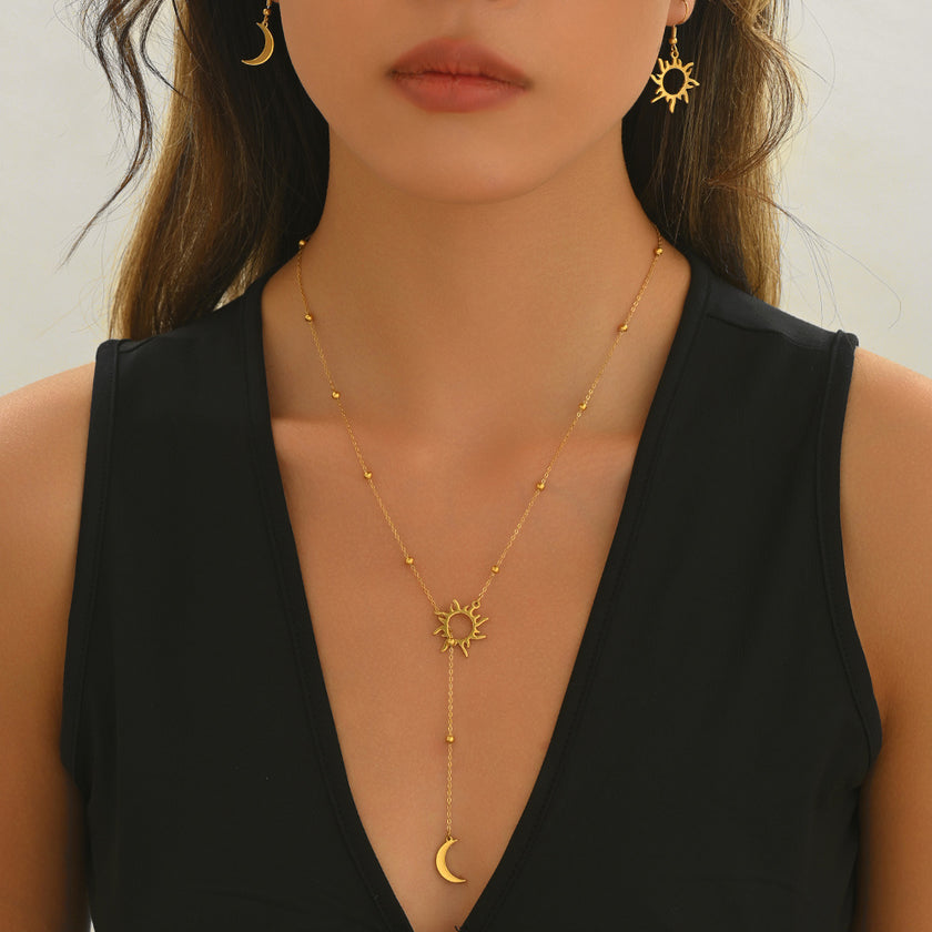 Lxalry 18K Gold Plated Sun  Moon Jewelry Set Mirror Polish Hypoallergenic Necklace  Earrings For Daily Evening Never Fade Luxury Gift With Celestial Symmetry