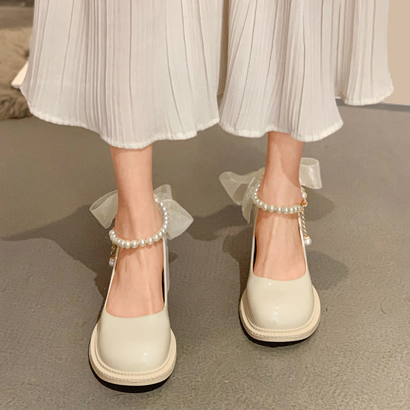 British Leather Shoes Pearl Anklet With Skirt High Heel Women