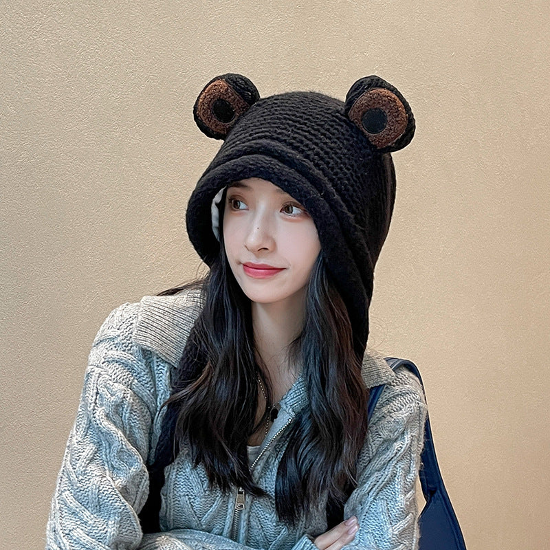 Frog Knitted Warmth Neck One Piece Woolen Hat For Women