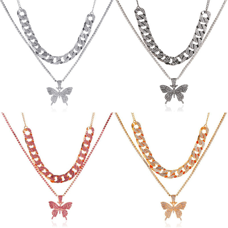 Alpcamers Double Layer Cuban Necklace Full Of Diamonds With Large Butterflies