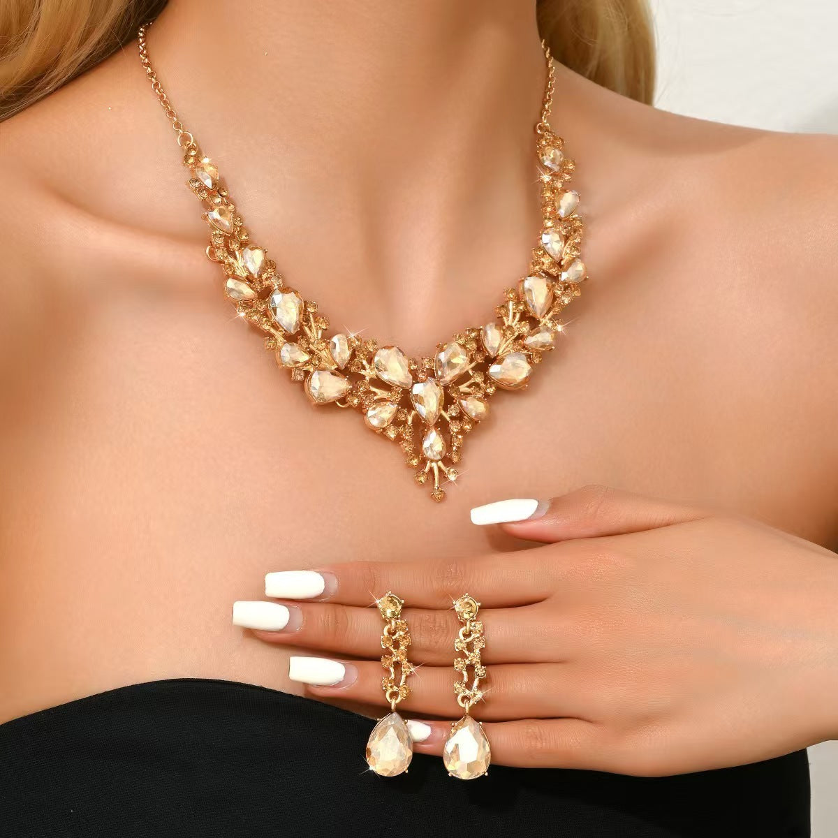 Water Drop Women's Alloy Bridal Necklace Two-piece Earrings Set