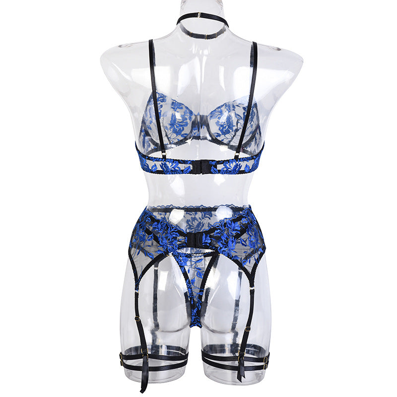 Tulle Flower Embroidered Underwear Bra Set