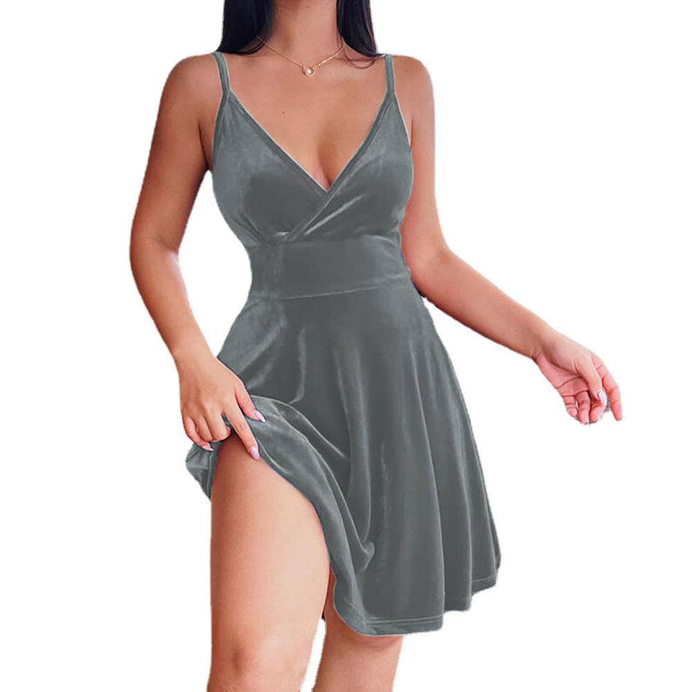 Women's High Waist Low Cut V-Neck Short Skirt Temperament Fashion Party Dress