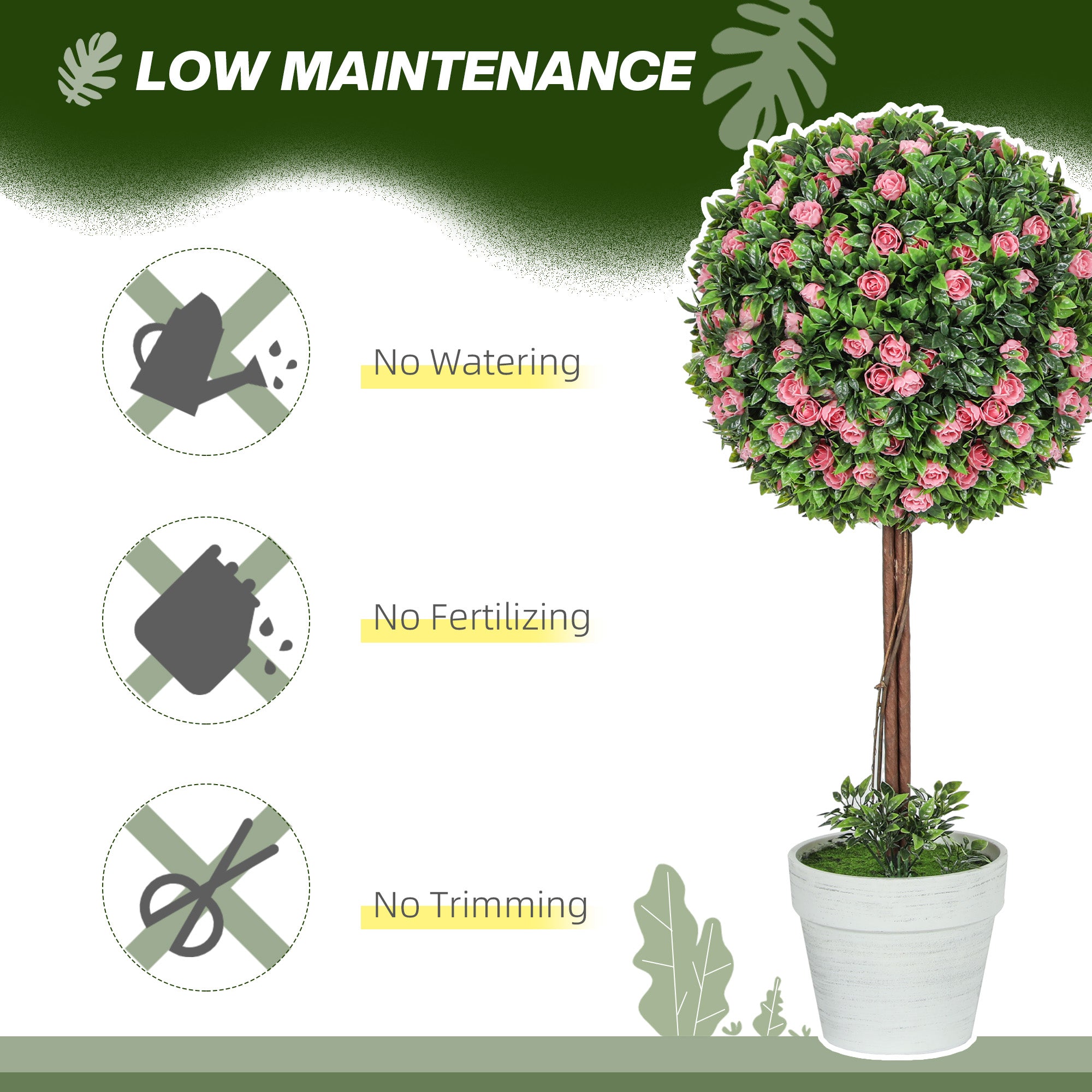 Set Of 2 Decorative Artificial Plants, Ball Topiary Tree With Rose Flower In Pot, Fake Plants For Home Indoor Outdoor Decor, 60cm, Pink