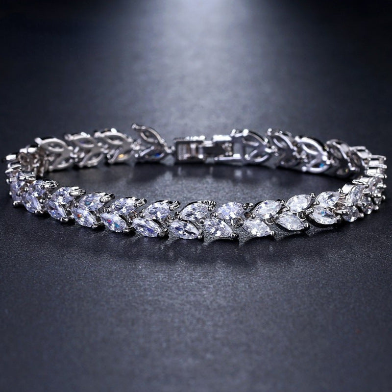 Korean Fashion Leaf Bridal Wedding Set Accessories Zircon Necklace Earrings Ring Bracelet Four-Piece Set