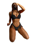 Solid Color Neck Bikini Strap Split Hard Cup Crimp Swimsuit