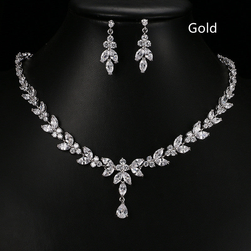 Korean Fashion Leaf Bridal Wedding Set Accessories Zircon Necklace Earrings Ring Bracelet Four-Piece Set