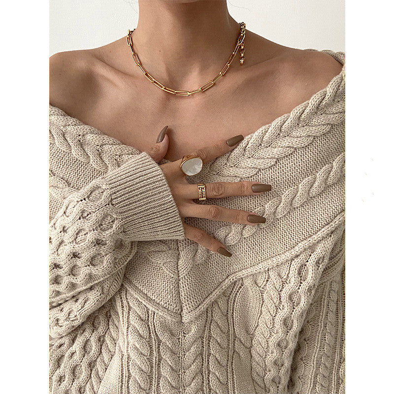 Coarse Twist Knit Sweater V-neck Sweater Women