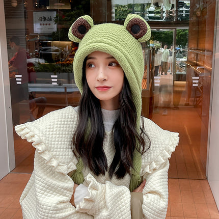 Frog Knitted Warmth Neck One Piece Woolen Hat For Women
