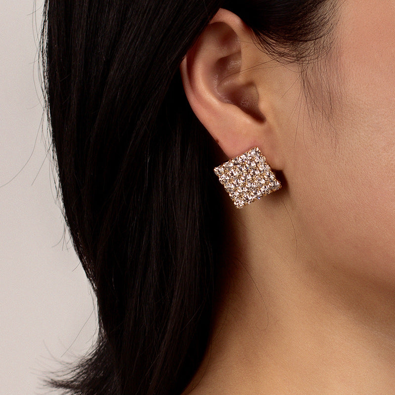 Square Over 25 Silver Stud Rhinestone-encrusted Vintage Earrings