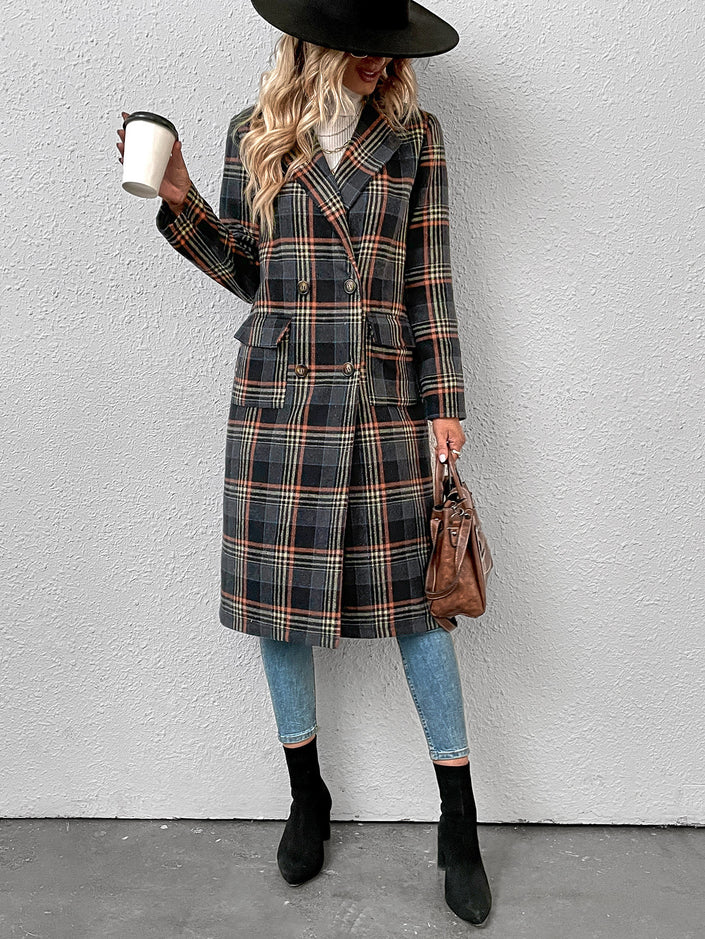 Women's Trendy Double Breasted Plaid Wool Coat