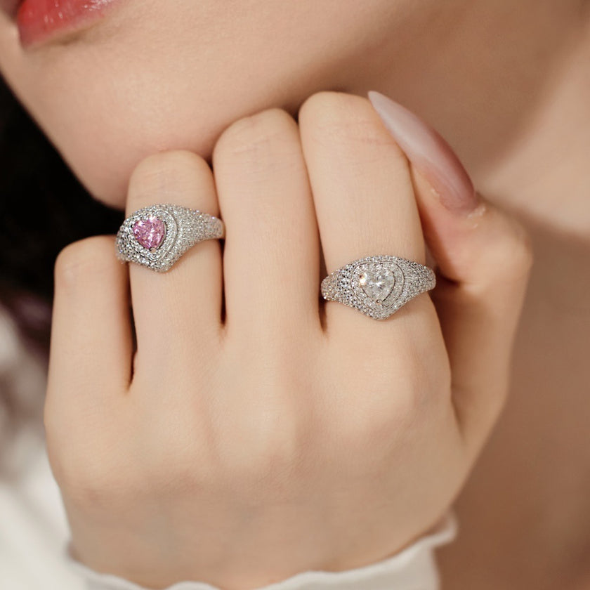 Wedding Style S925 Sterling Silver Ring Female Delicate Heart Full Zirconium Inlaid Holiday Ring