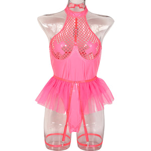 PU Patent Leather Large Grid Cross Pieced Hanging Neck Underwear