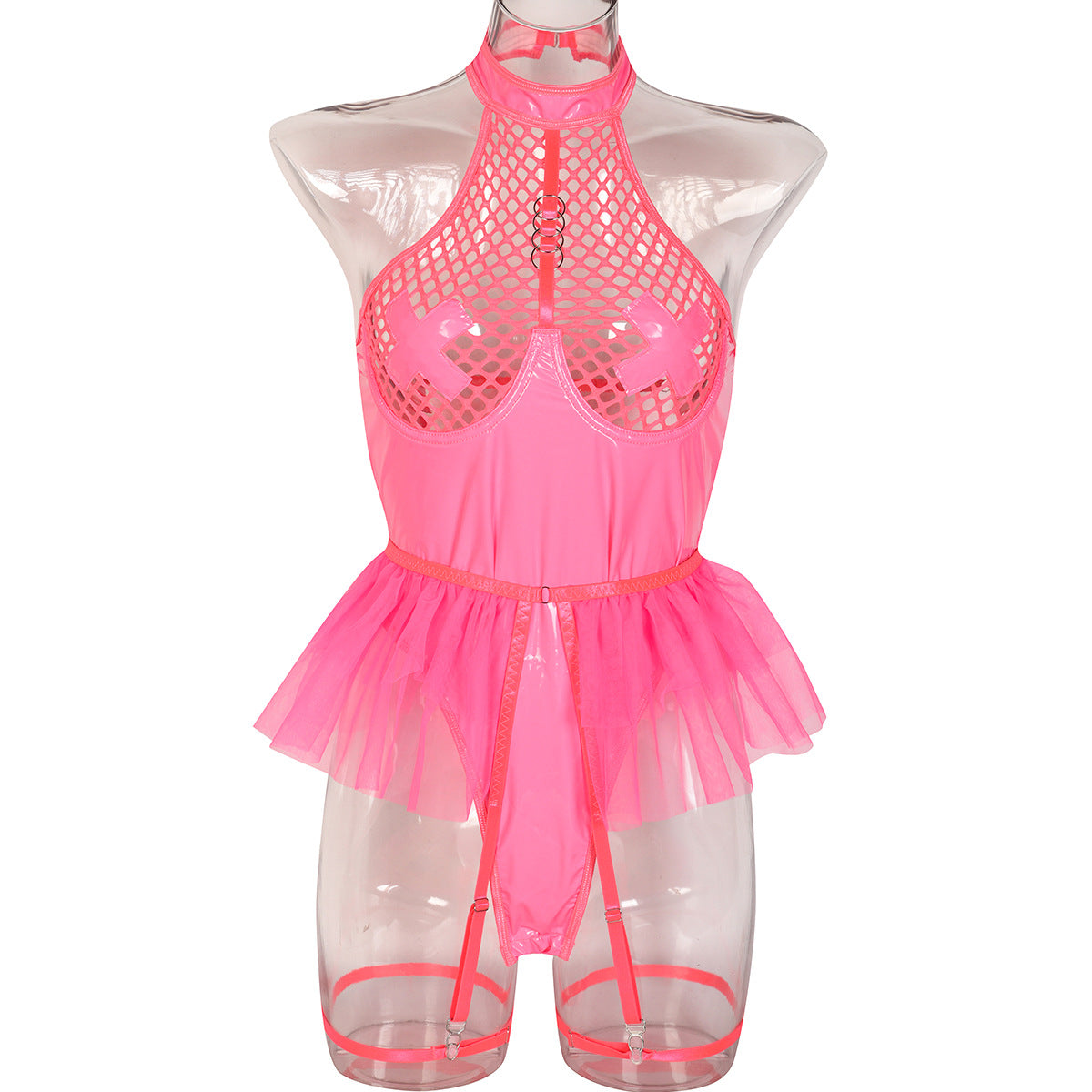 PU Patent Leather Large Grid Cross Pieced Hanging Neck Underwear