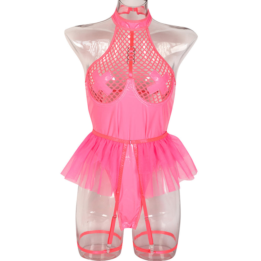 PU Patent Leather Large Grid Cross Pieced Hanging Neck Underwear