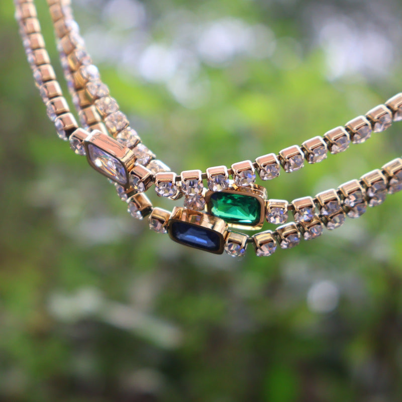 Tennis Zircon Light Luxury Emerald Stainless Steel Plated 18K Gold Necklace