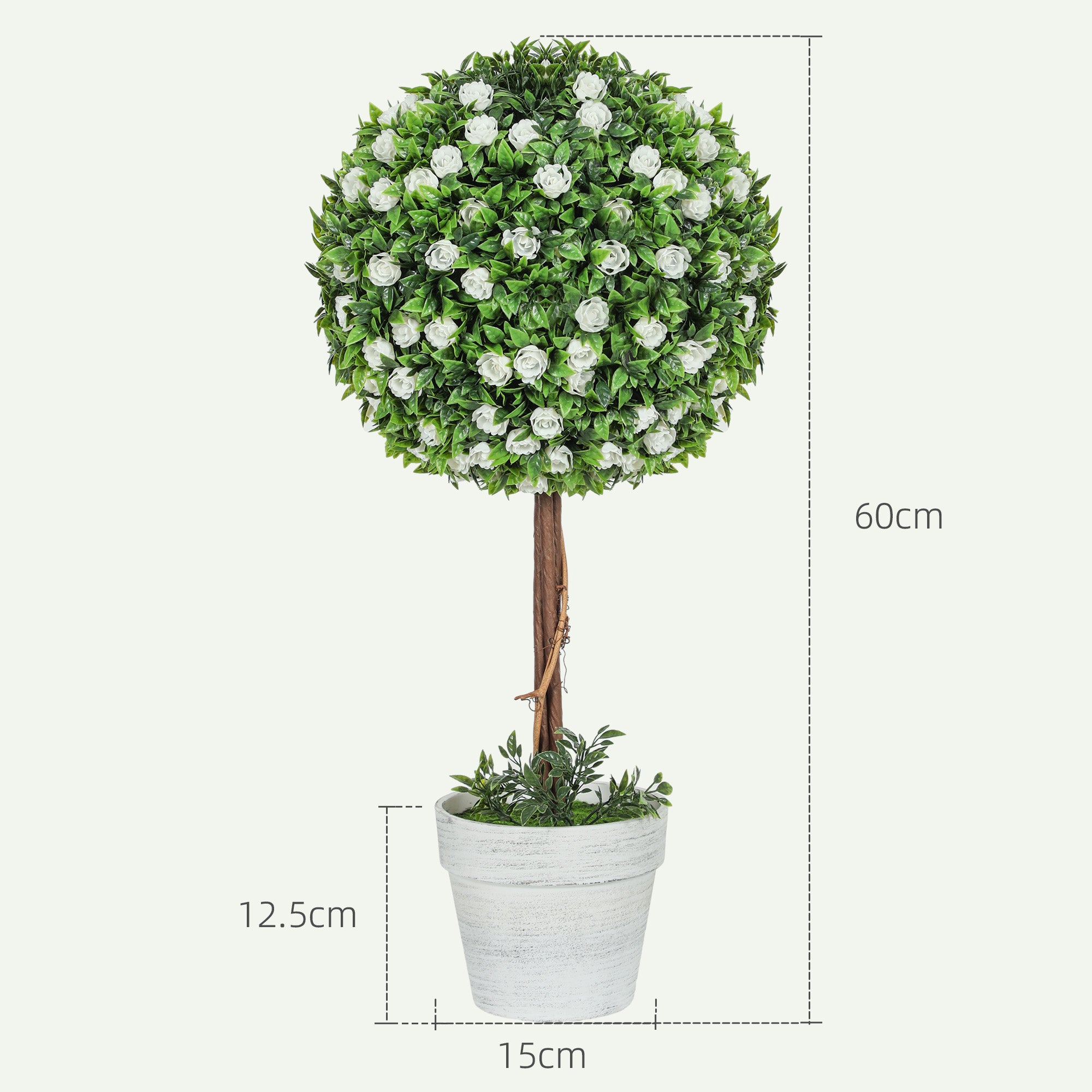 Set Of 2 Decorative Artificial Plants, Ball Topiary Tree With Rose Flower In Pot, Fake Plants For Home Indoor Outdoor Decor, 60cm, White