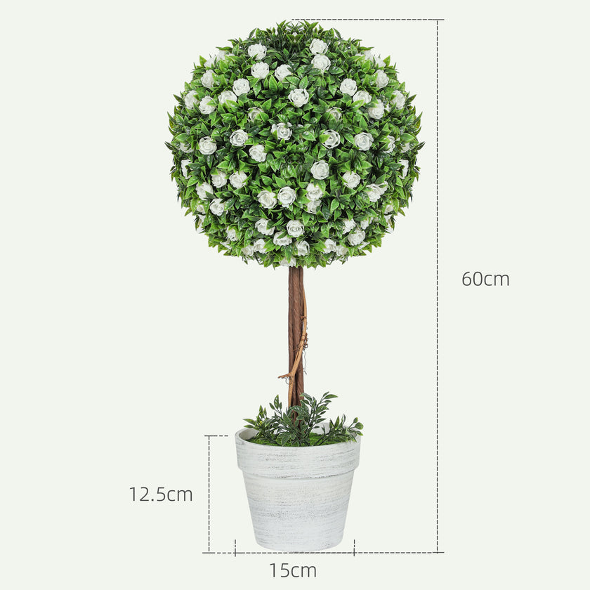 Set Of 2 Decorative Artificial Plants, Ball Topiary Tree With Rose Flower In Pot, Fake Plants For Home Indoor Outdoor Decor, 60cm, White