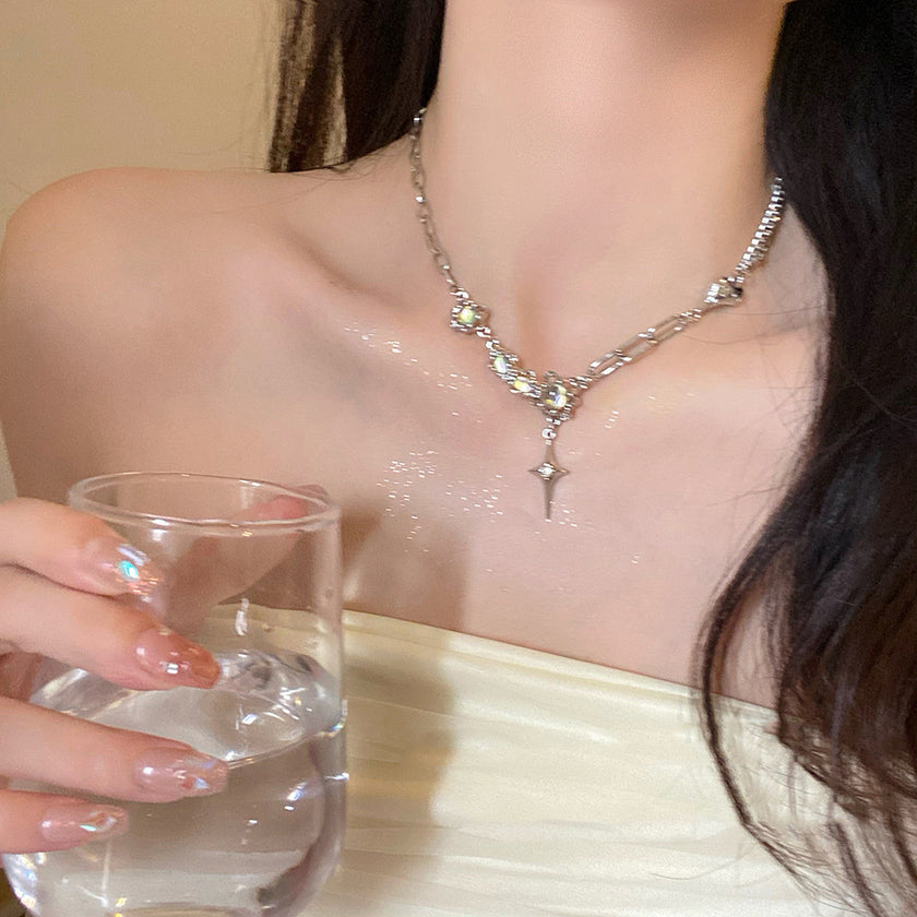 Asterism Moonstone Stitching Cross Clavicle Chain