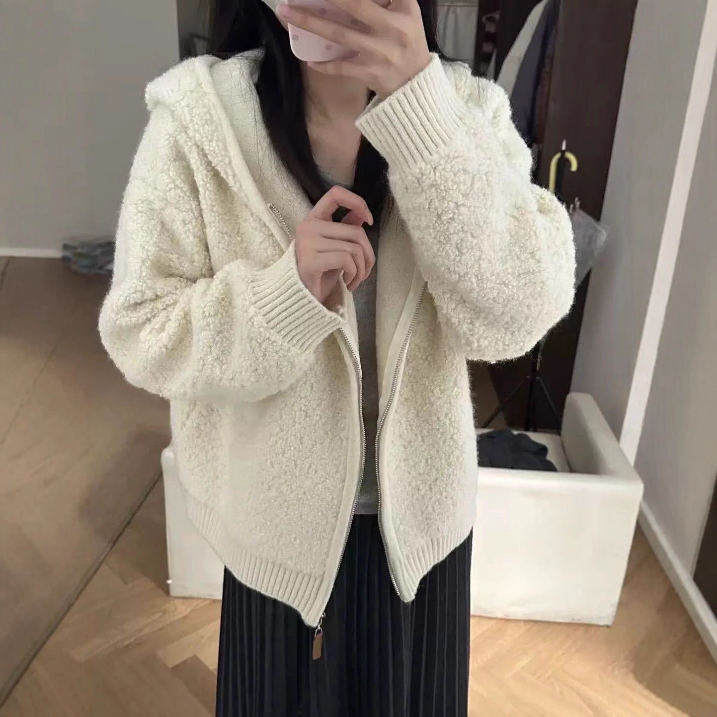 New Warm Particles Lamb Wool Zipper Hooded Coat For Women All-matching