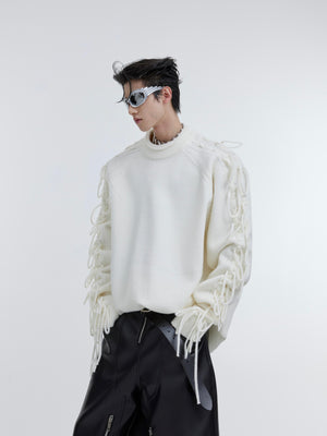 Deconstructed Fringe Design Crease Crease Neck Knit Sweater