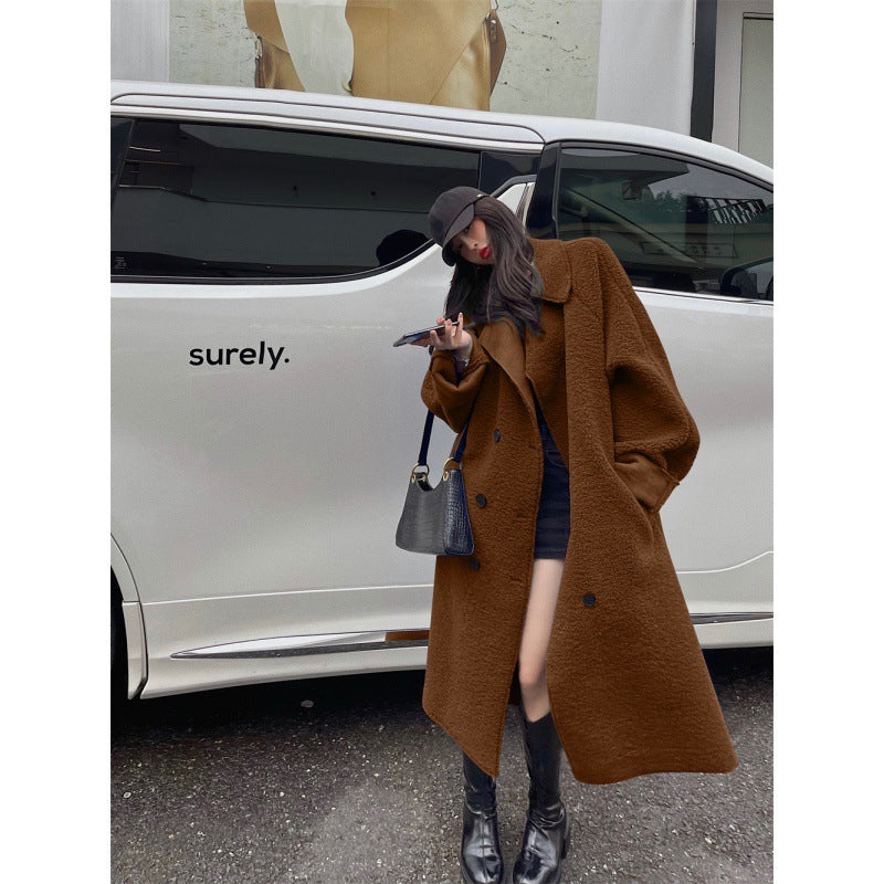 Fur Integrated Lamb Wool Medium Length Thickened Blue Coat