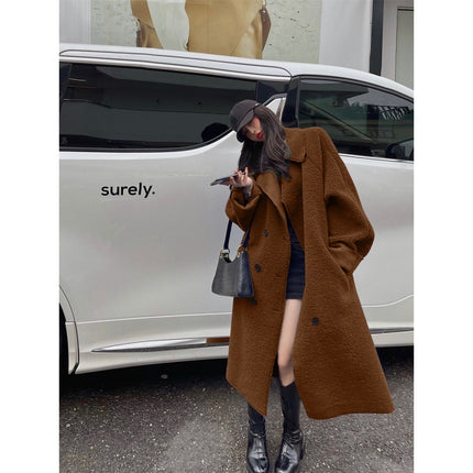 Fur Integrated Lamb Wool Medium Length Thickened Blue Coat