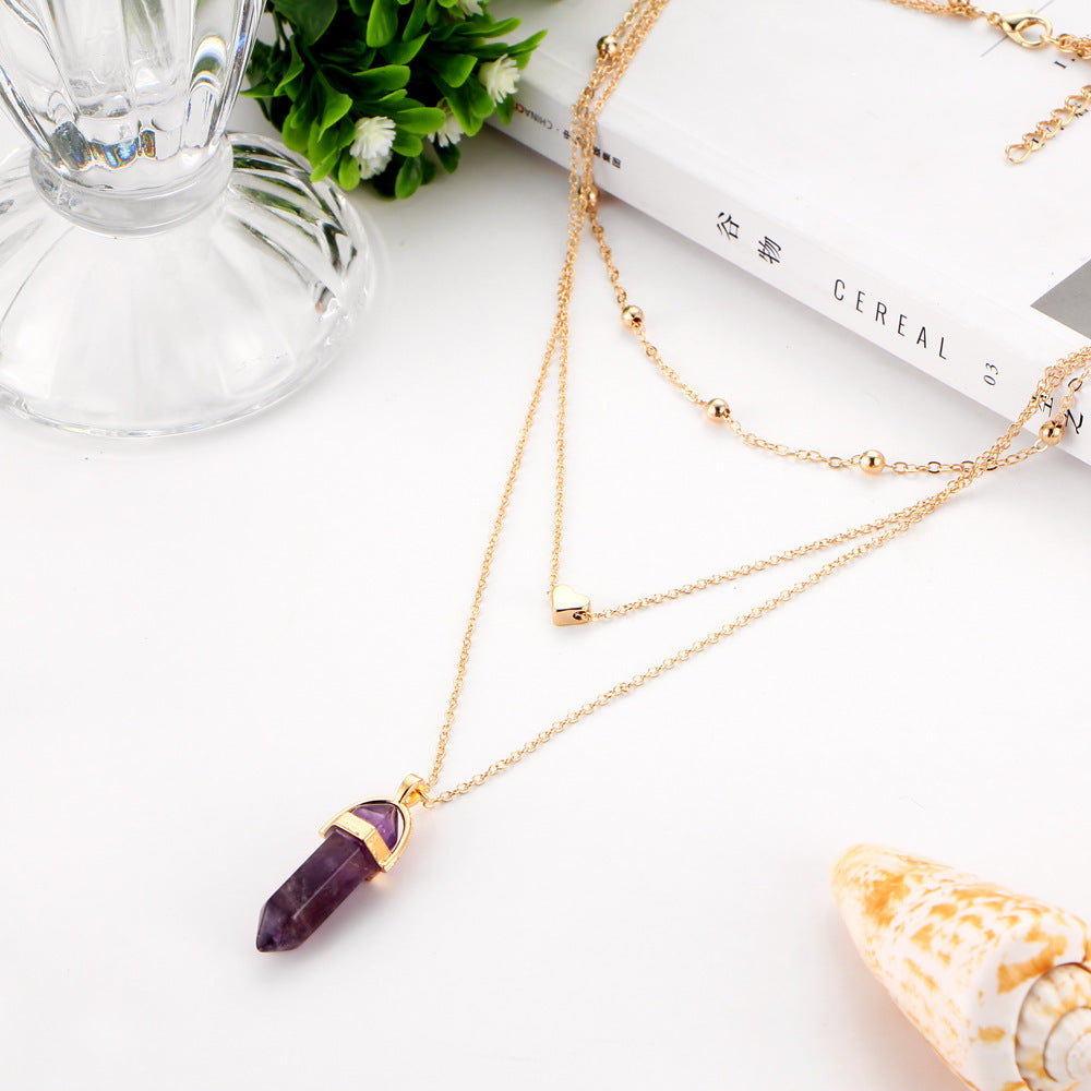 Fashion Copper Peach Heart Crystal Pendant Multi-layer Necklace