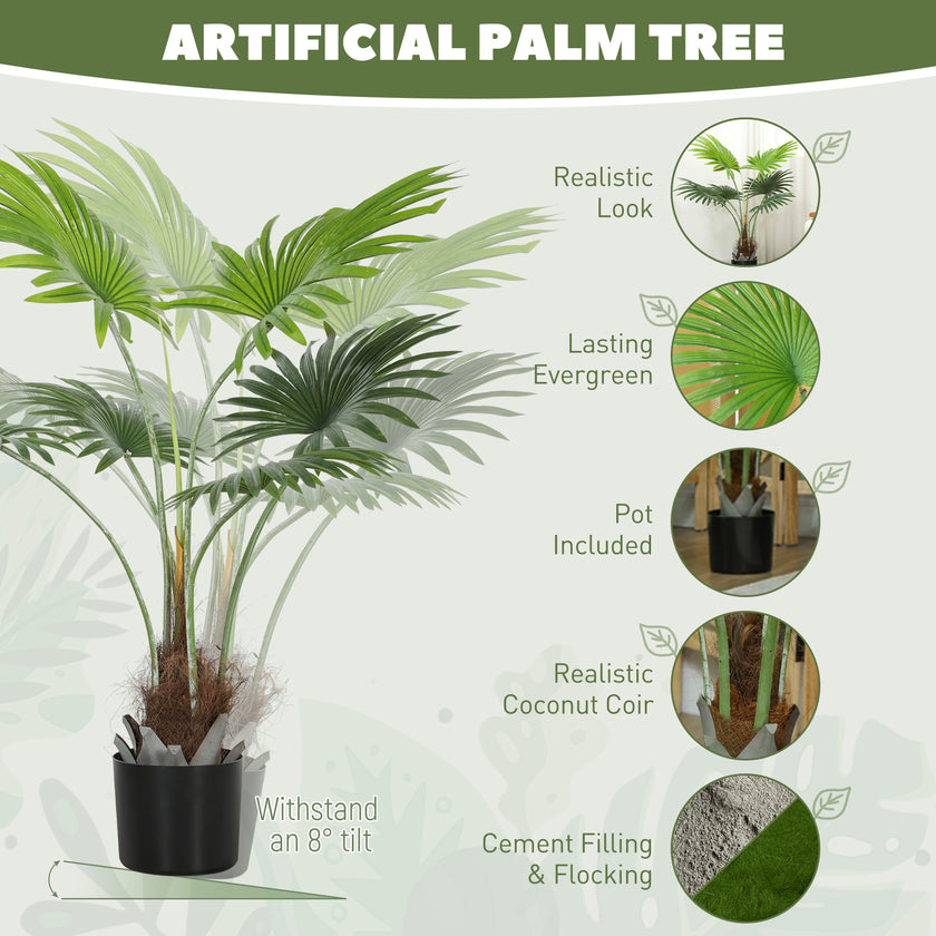 94cm Artificial Palm Tree, Decorative Artificial Plant With Lifelike PEVA Leaves And Coconut Coir, Fake Tree With Plastic Pot And Flocking For Home Office Decor, Green
