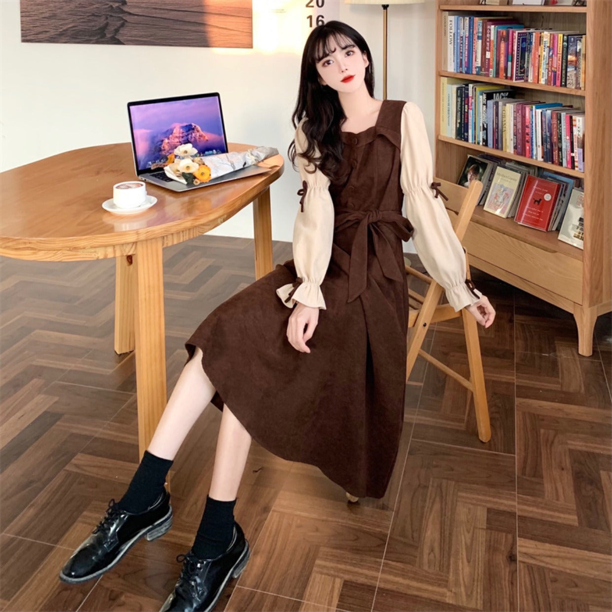 Long Sleeve Dress Women's Lace Up Slimming Elegant