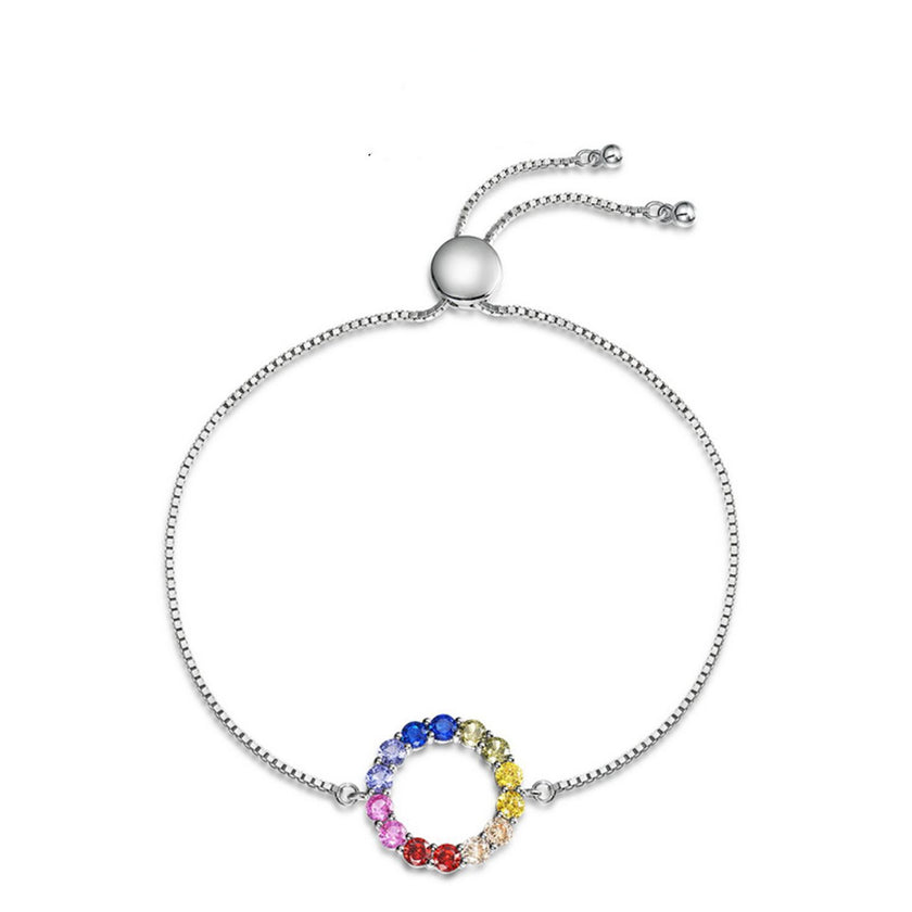 Silver Rainbow Circle Colored Gems Bracelet Color