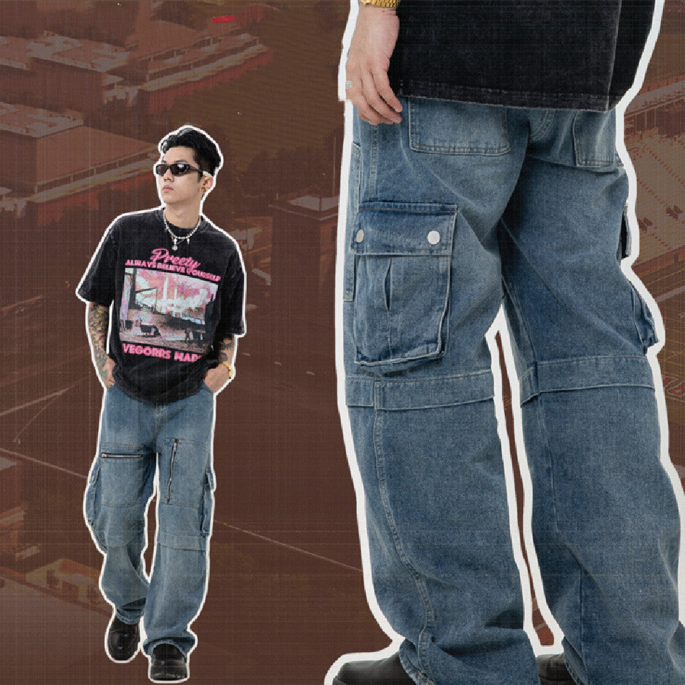 Multi-pocket Workwear jean Loose Wide Leg Zipper Straight Pants For Men And Women