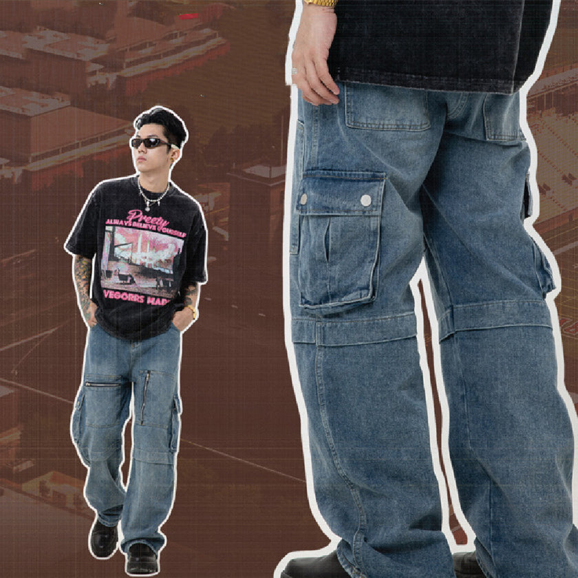 Multi-pocket Workwear jean Loose Wide Leg Zipper Straight Pants For Men And Women