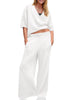 Fisoew Womens 2 Piece Outfits Casual V Neck Shirts Wide Leg Running Long Pants Loose Workout Tracksuit Sets