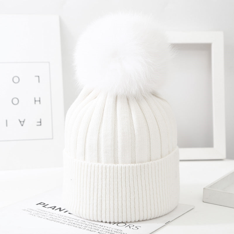 Boys And Girls Woolen Fox Fur Ball Knit Hat