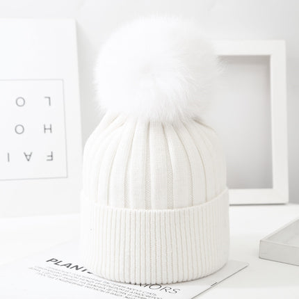 Boys And Girls Woolen Fox Fur Ball Knit Hat