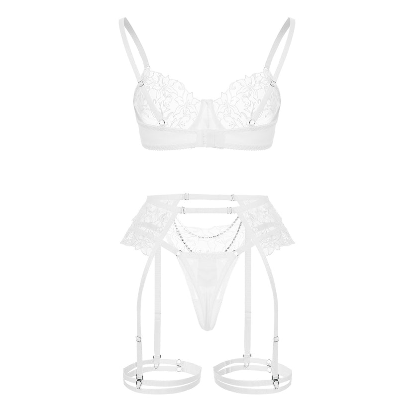 White Metal Chain Flowers Embroidered Underwear Bra Set