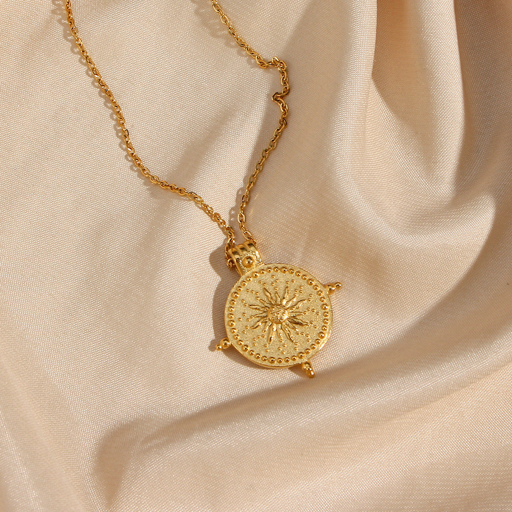 Stainless Steel Plated 18K Gold Vintage Sun Compass Pendant Necklace