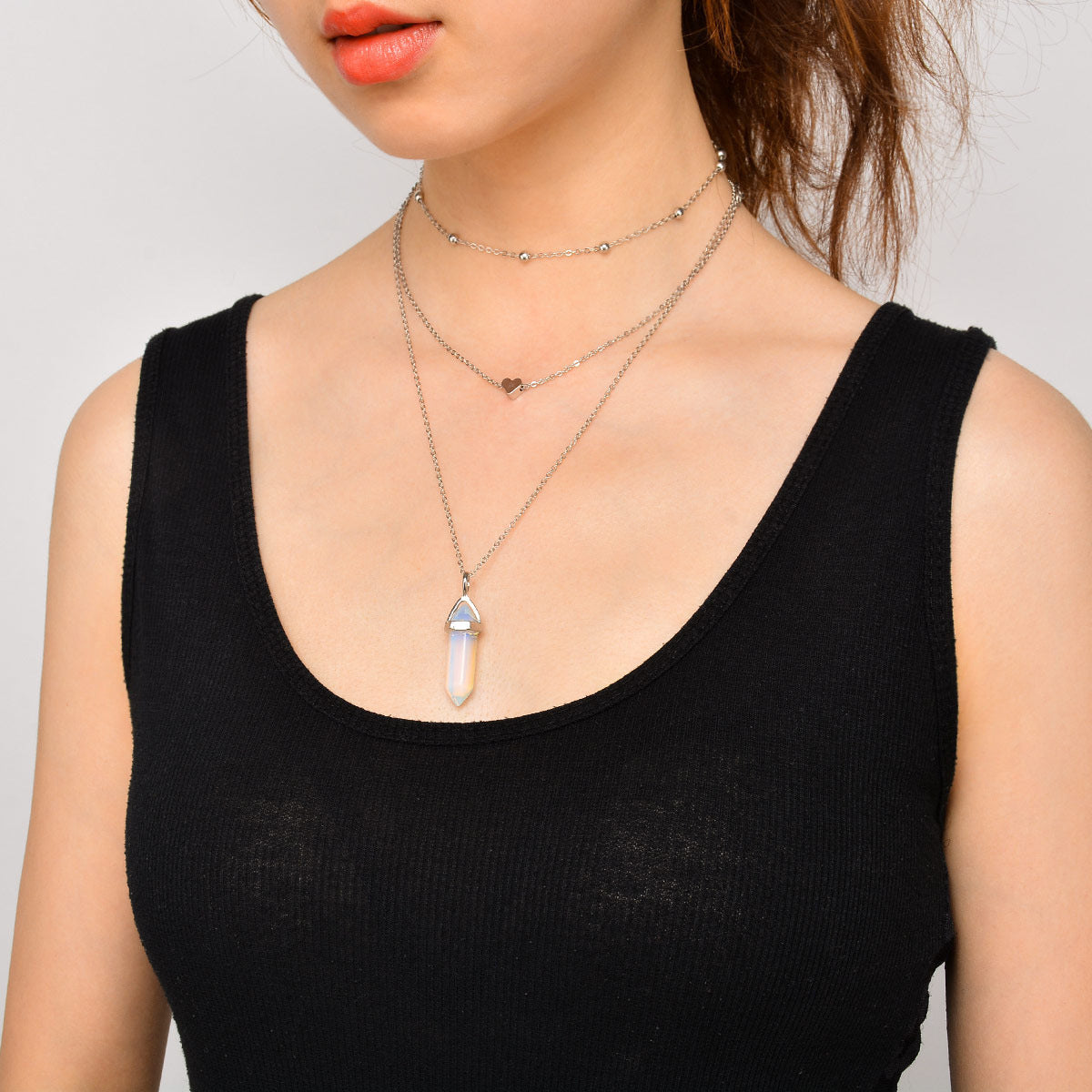 Fashion Copper Peach Heart Crystal Pendant Multi-layer Necklace