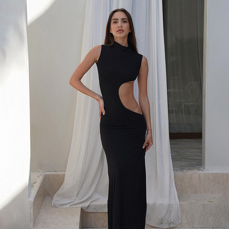 Solid Color Round Neck Sleeveless Hollow-out Hot Girl Dress