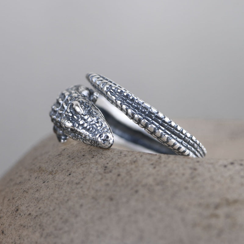Retro Matte Craft Adjustable Ornament Crocodile Silver Ring