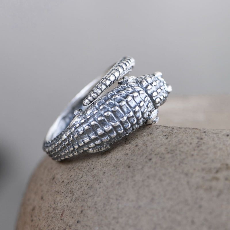 Retro Matte Craft Adjustable Ornament Crocodile Silver Ring